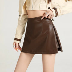Womens Y2K High Waisted Slit Pu Leather Mini Skirt