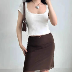 Womens Y2K Lace Mesh Coffee Brown Mini Skirt