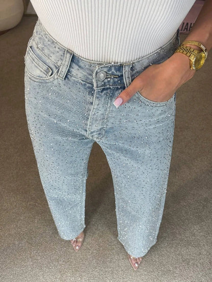 Womens Y2K Rhinestone Straight Jeans