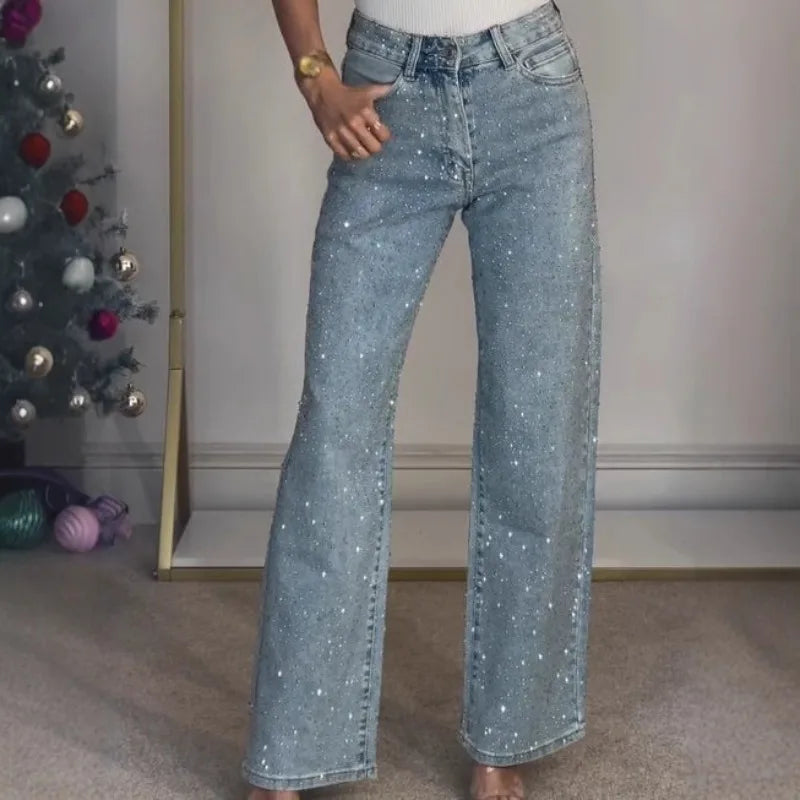 Womens Y2K Rhinestone Straight Jeans