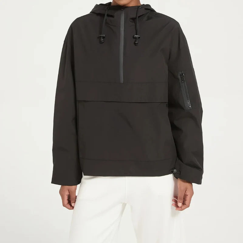 Womens Y2K Solid Hooded Pullover Waterproof Jacket Coat