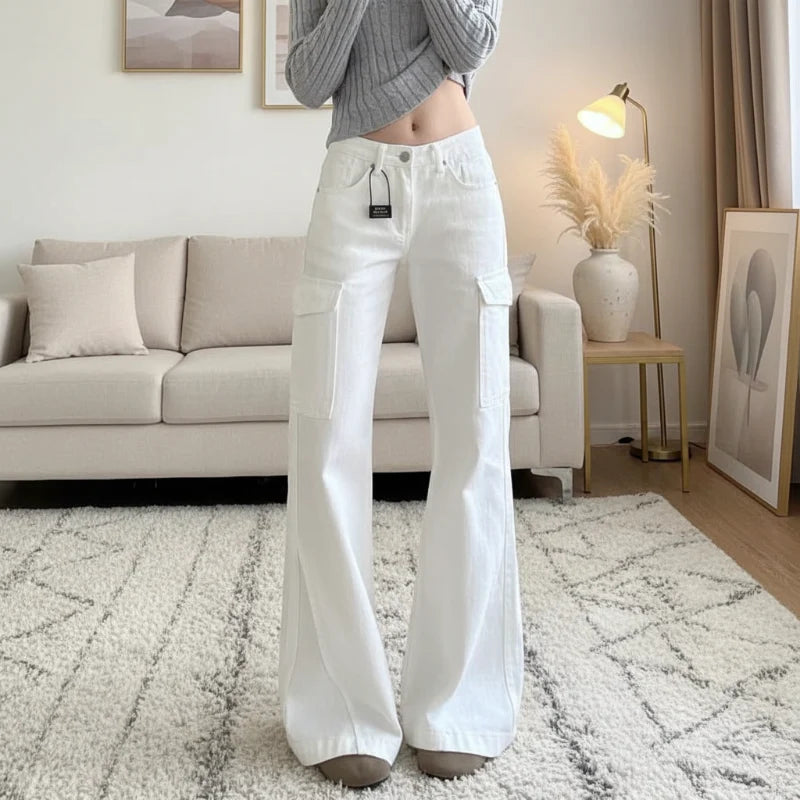 Womens Y2K White Low Rise Flared Denim Jeans