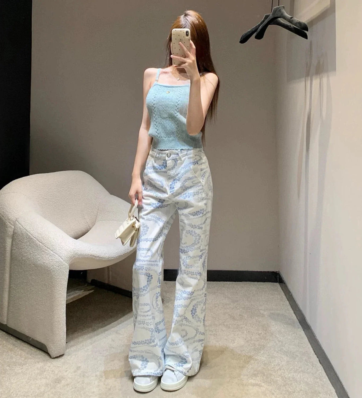 Womens Y2K White Printed High Waisted Jeans