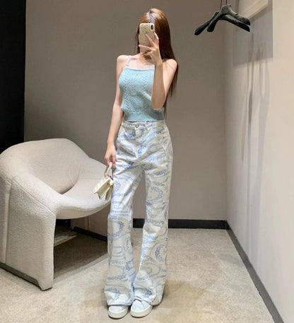 Womens Y2K White Printed High Waisted Jeans