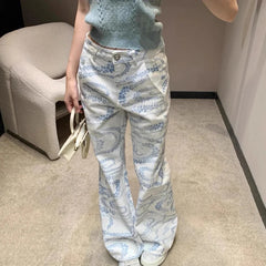 Womens Y2K White Printed High Waisted Jeans