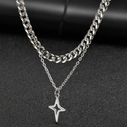 Y2K 2 Piece Layered Star And Cuban Necklace Chain