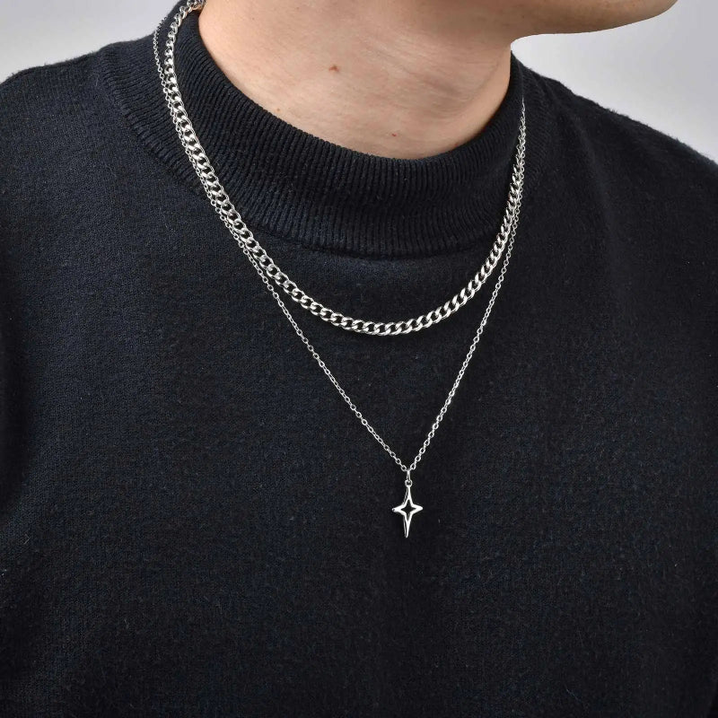 Y2K 2 Piece Layered Star And Cuban Necklace Chain
