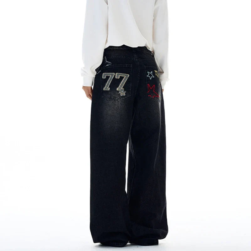 Y2K 77 Star Patchwork Embroidered Baggy Jeans