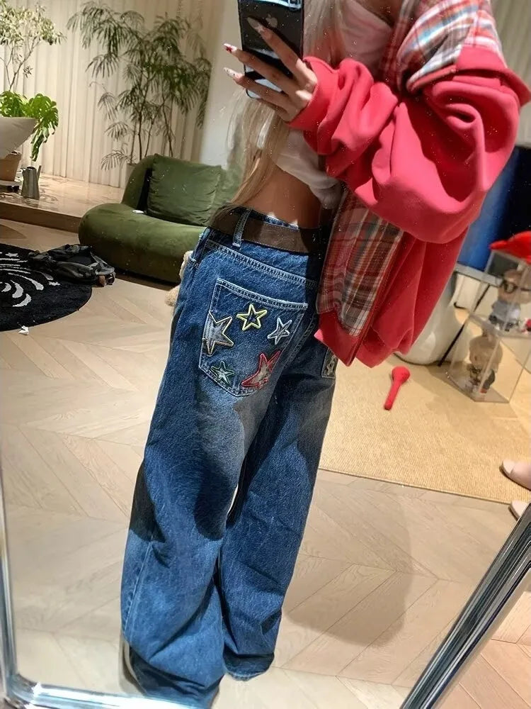 Y2K 77 Star Patchwork Embroidered Baggy Jeans