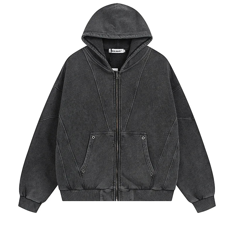 Y2K Acid Washed Panelled Plain Zip Up Hoodie