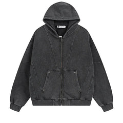 Y2K Acid Washed Panelled Plain Zip Up Hoodie