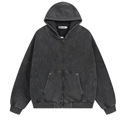 Y2K Acid Washed Panelled Plain Zip Up Hoodie