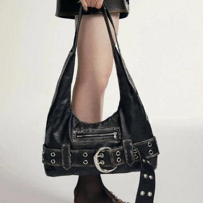 Y2K Aged Leather Belted Handbag