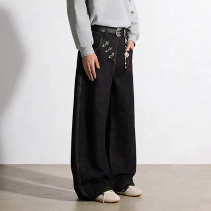 Y2K Airplane Button Design Black Baggy Barrel Jeans