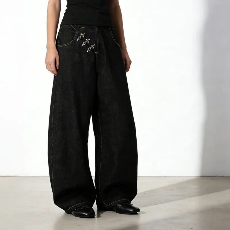 Y2K Airplane Button Design Black Baggy Barrel Jeans