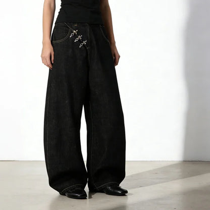 Y2K Airplane Button Design Black Baggy Barrel Jeans