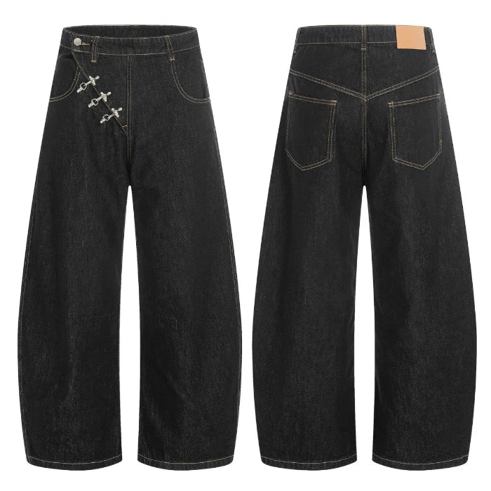 Y2K Airplane Button Design Black Baggy Barrel Jeans