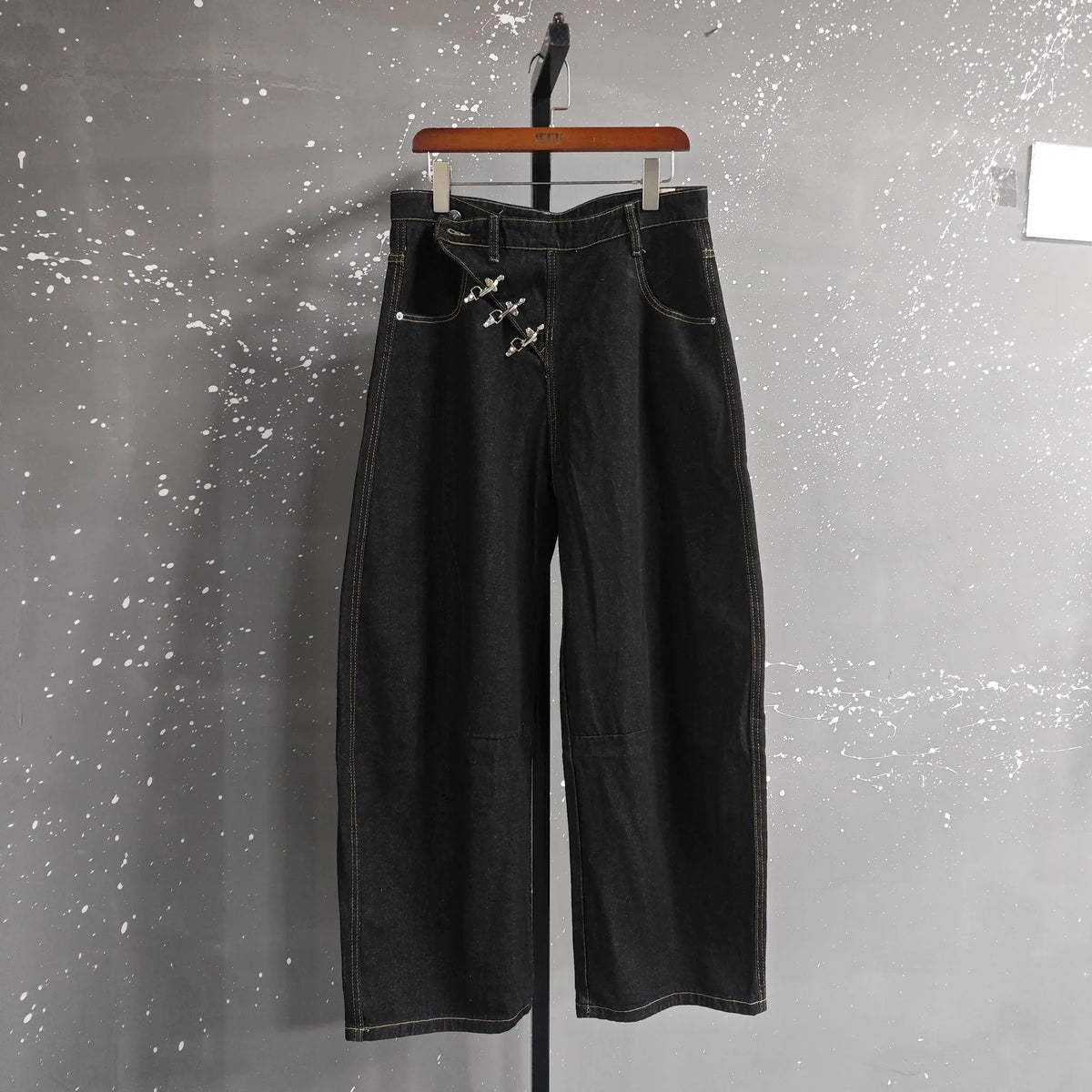 Y2K Airplane Button Design Black Baggy Barrel Jeans