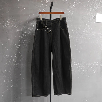 Y2K Airplane Button Design Black Baggy Barrel Jeans