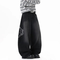 Y2K Baggy Black Accessorised Embroidered Jeans