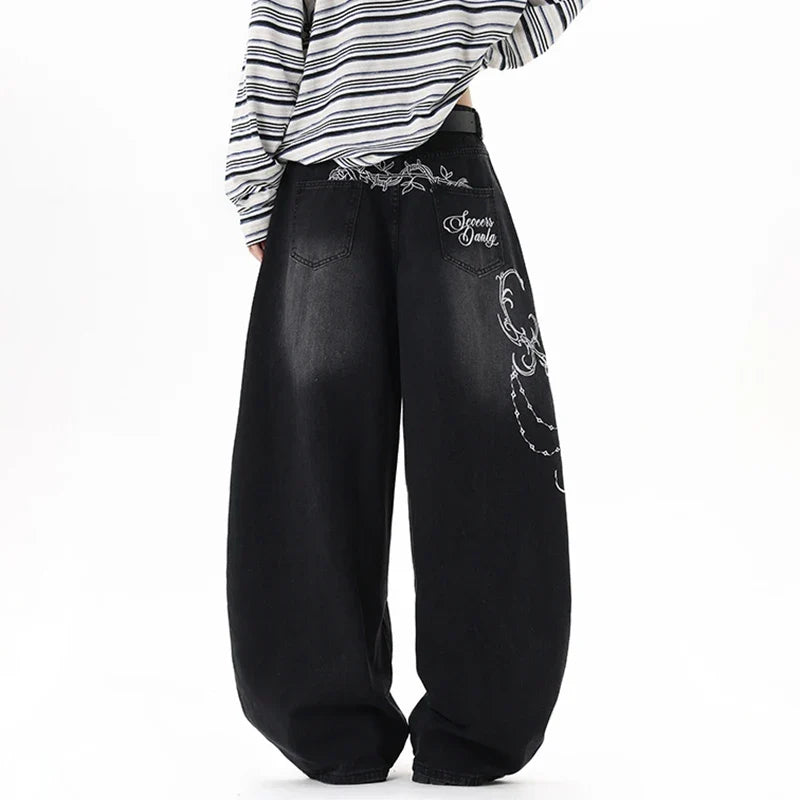 Y2K Baggy Black Accessorised Embroidered Jeans