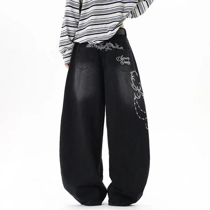 Y2K Baggy Black Accessorised Embroidered Jeans