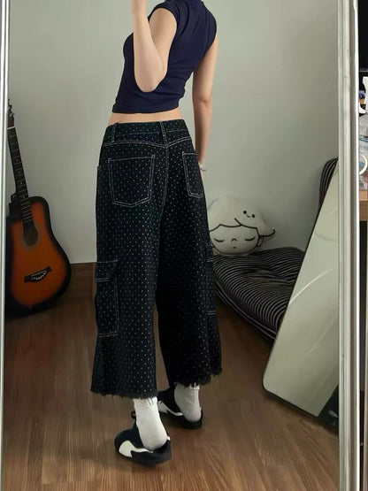Y2K Baggy Black Polka Dot Cargo Denim Shorts Jorts