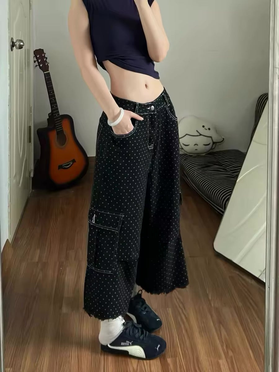 Y2K Baggy Black Polka Dot Cargo Denim Shorts Jorts