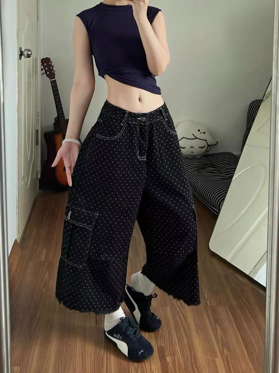 Y2K Baggy Black Polka Dot Cargo Denim Shorts Jorts