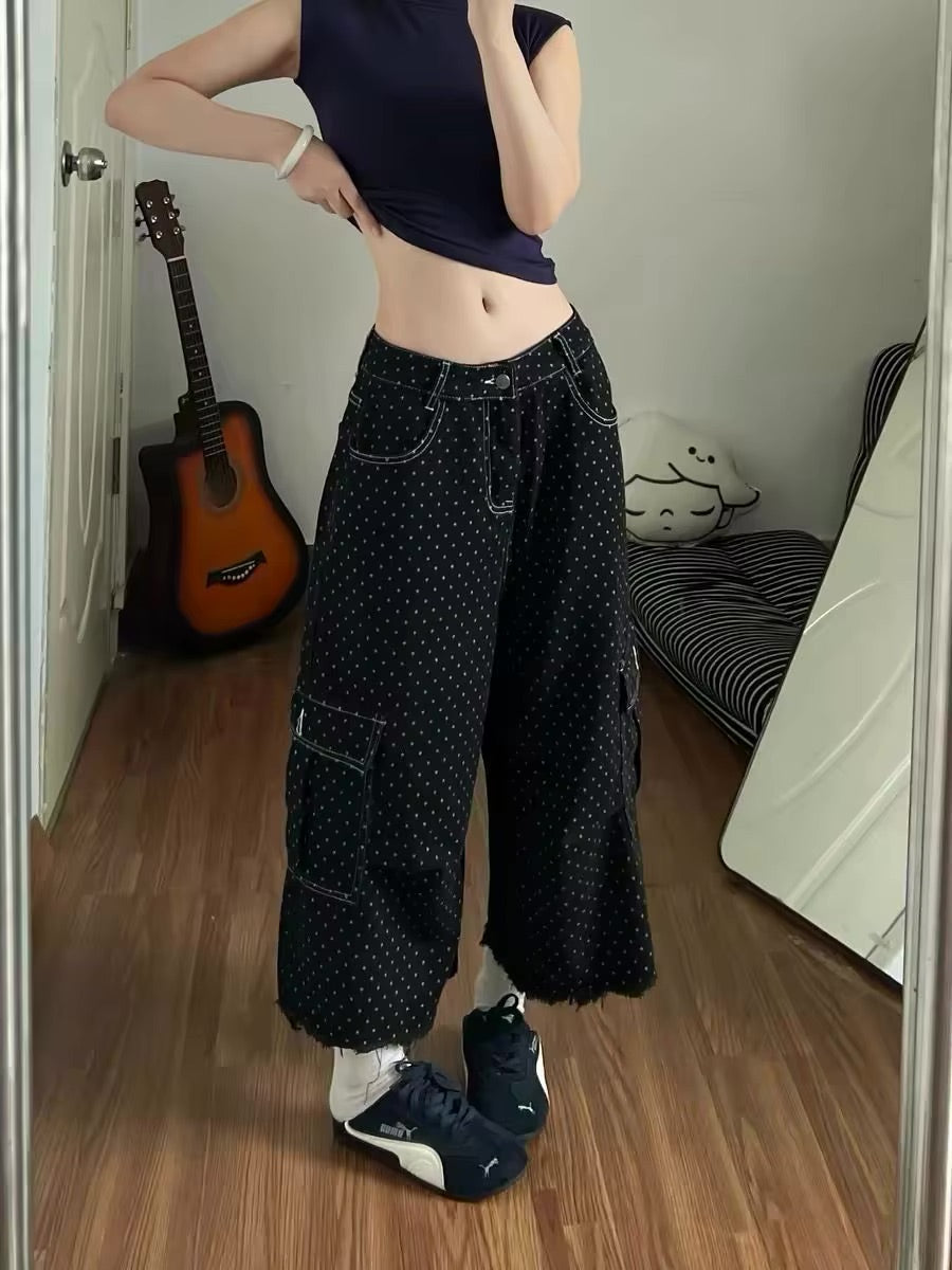 Y2K Baggy Black Polka Dot Cargo Denim Shorts Jorts