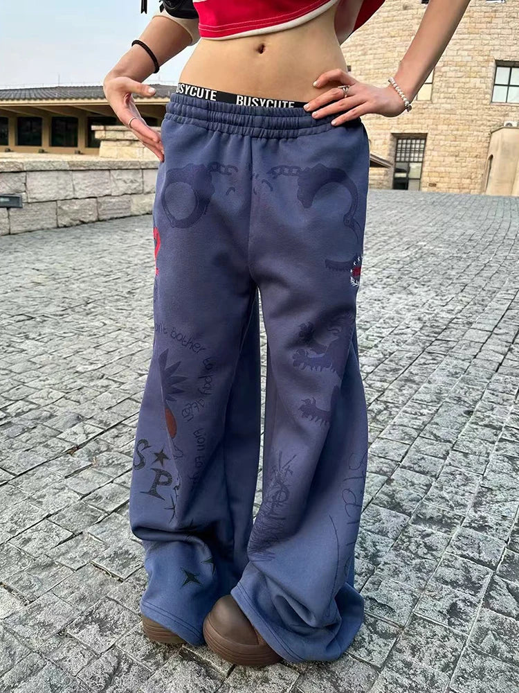 Y2K Baggy Blue Graphic Sweatpants Joggers Trousers