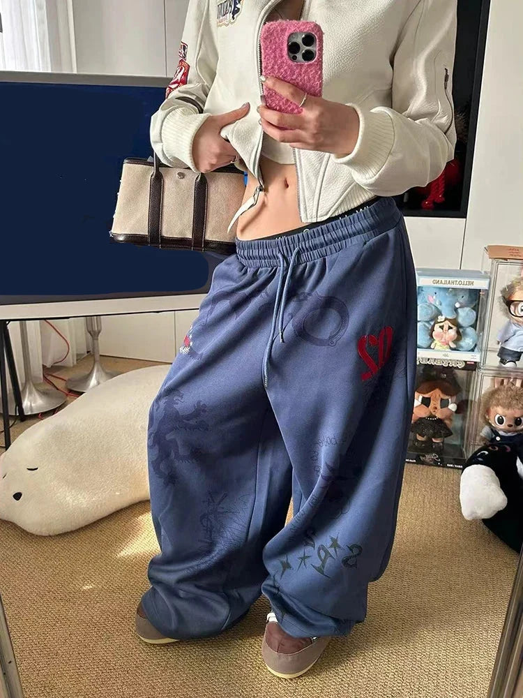 Y2K Baggy Blue Graphic Sweatpants Joggers Trousers