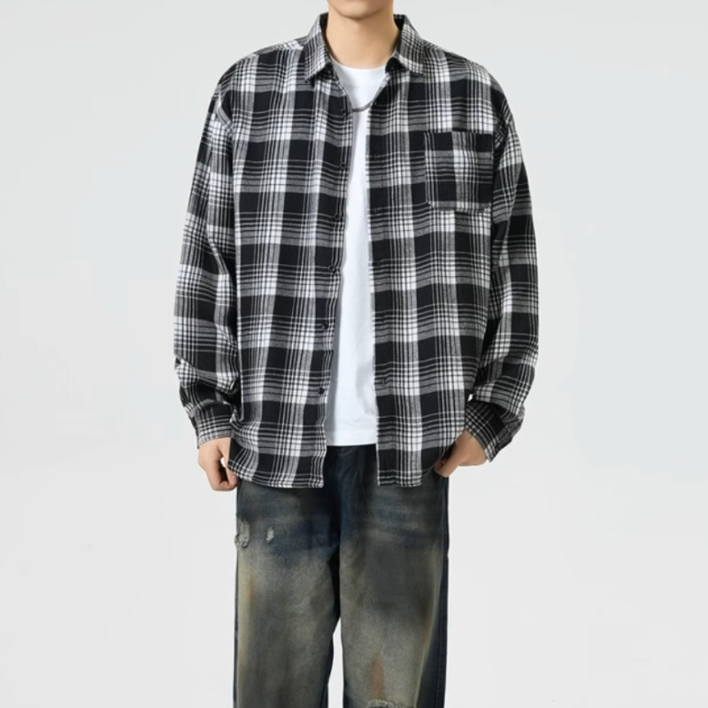 Y2K Baggy Plaid Long Sleeve Button Up Flannel Shirt