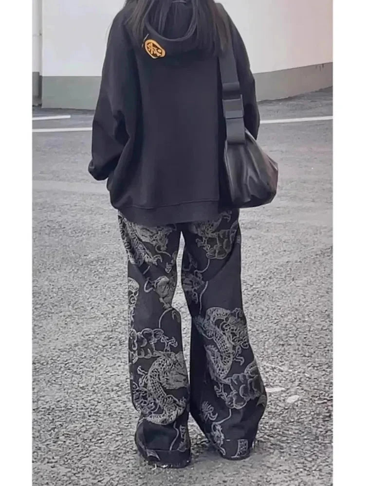 Y2K Black Dragon Print High Waist Straight Wide Leg Jeans