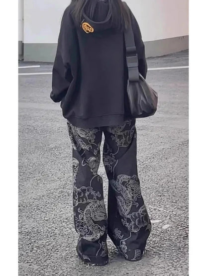 Y2K Black Dragon Print High Waist Straight Wide Leg Jeans