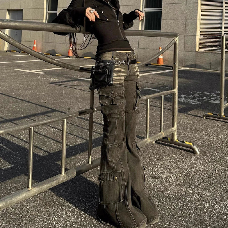 Y2K Black Low Waist Cargo Flared Jeans