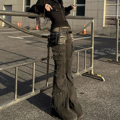 Y2K Black Low Waist Cargo Flared Jeans