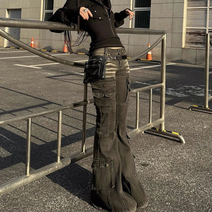 Y2K Black Low Waist Cargo Flared Jeans