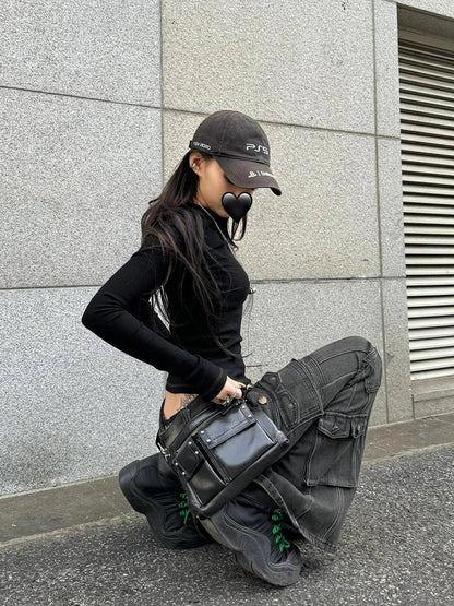 Y2K Black Low Waist Cargo Flared Jeans