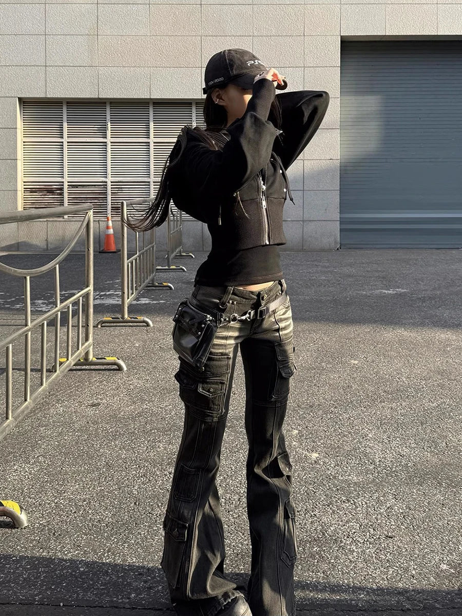 Y2K Black Low Waist Cargo Flared Jeans