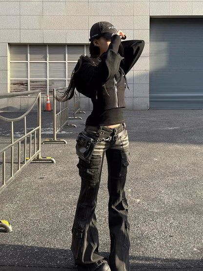 Y2K Black Low Waist Cargo Flared Jeans