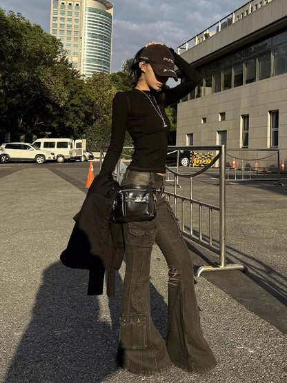 Y2K Black Low Waist Cargo Flared Jeans