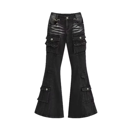 Y2K Black Low Waist Cargo Flared Jeans
