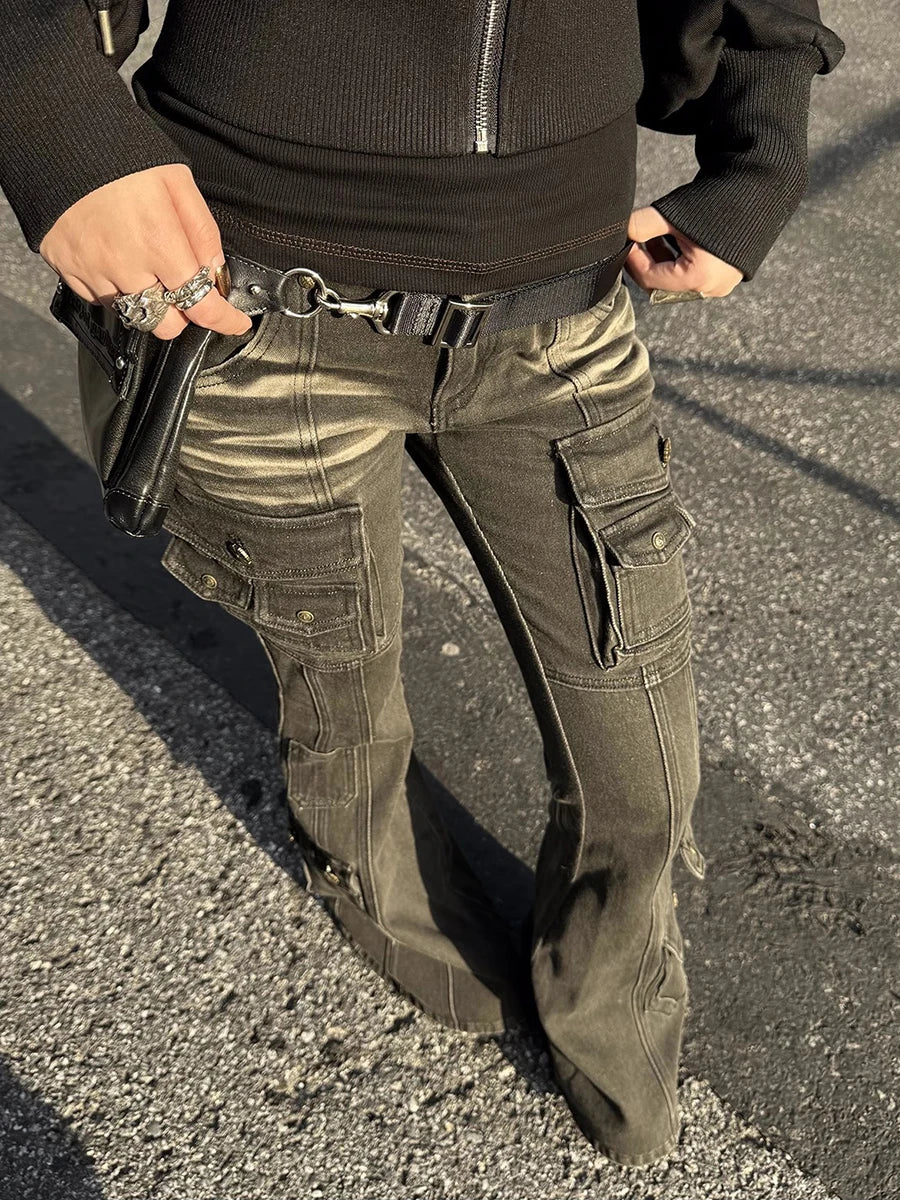 Y2K Black Low Waist Cargo Flared Jeans