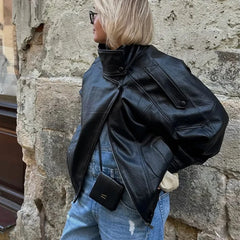 Y2K Black Snap Button Faux Leather Jacket