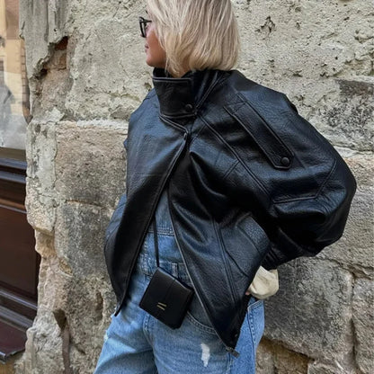 Y2K Black Snap Button Faux Leather Jacket