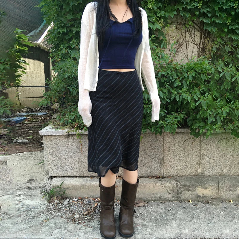 Y2K Black Striped Bow Flowy Midi Skirts