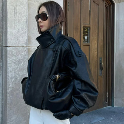 Y2K Black Womens Chef Button Faux Leather Jacket