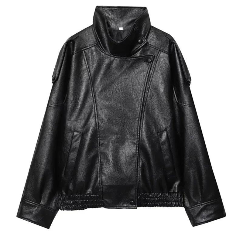 Y2K Black Womens Chef Button Faux Leather Jacket