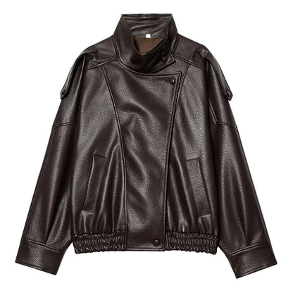 Y2K Black Womens Chef Button Faux Leather Jacket